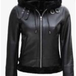 Women's Stylish Moto Biker Racer Real Lambskin Black Leather Shearling Jacket