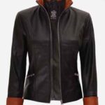 Womens Fitted Black Leather Jacket with Brown Detailing