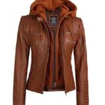 Helen Womens Tan Leather Jacket with Removable Hood
