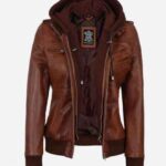 Womens Cognac Leather Bomber Jacket With Removable Hood