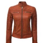 Women's Moto Biker Cafe Racer Tan Leather Jacket