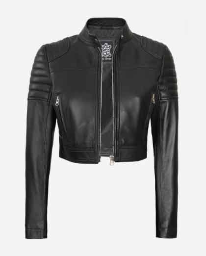 1-115.jpg Womens Black Cropped Leather Cafe Racer Jacket - Image 1