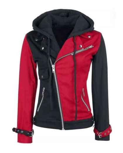 1-119.jpg Women's Harley Quinn Red & Black Wool Hooded Jacket - Image 1