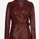 Womens Asymmetrical Belted Moto Biker Real Lambskin Maroon Leather Jacket