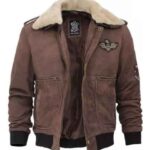 G1 Brown Leather Bomber Aviator Jacket with Shearling Collar For Men