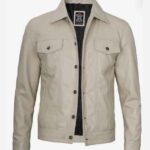 Mens Real Beige Leather Trucker Jacket
