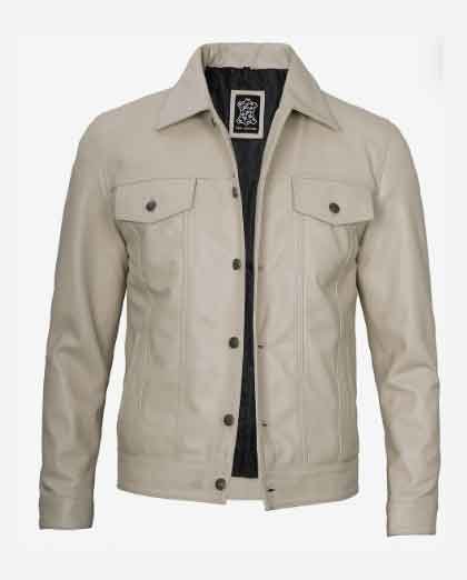 1-131.jpg Mens Real Beige Leather Trucker Jacket - Image 1
