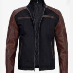 Men's Stylish Outwear Cafe Racer Black Cotton & Brown Leather Jacket