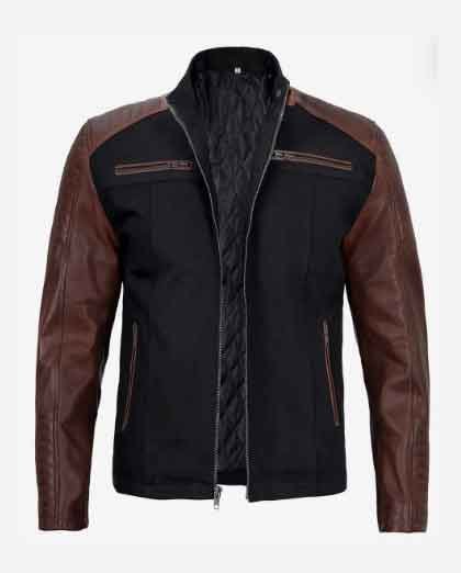 1-132.jpg Men's Stylish Outwear Cafe Racer Black Cotton & Brown Leather Jacket - Image 1