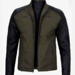 Men's Stylish Outwear Cafe Racer Green Cotton and Black Leather Jacket