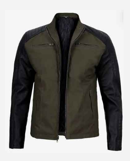 1-133.jpg Men's Stylish Outwear Cafe Racer Green Cotton and Black Leather Jacket - Image 1