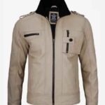Mens Biker Real Lambskin Beige Trucker Leather Jacket