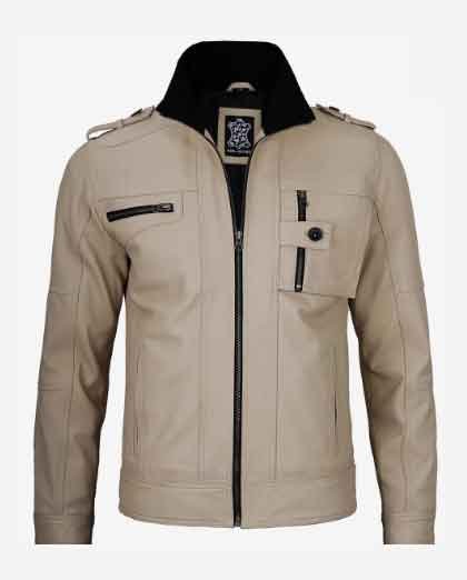 1-135.jpg Mens Biker Real Lambskin Beige Trucker Leather Jacket - Image 1