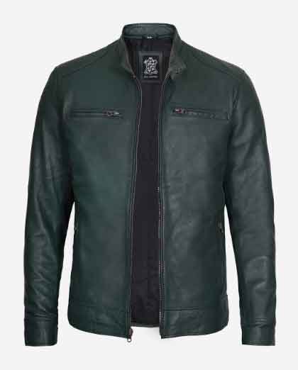 Dodge Dark Green Cafe Racer Leather Jacket for Men