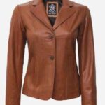 Womens Wide Lapel Two Button Tan Leather Blazer