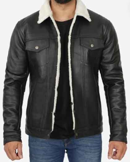 1-140.jpg Fernando Black Shearling Lined Trucker Leather Jacket - Image 1