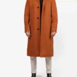 Mens Rust Brown Wool Shirt Collar Knee Length Coat