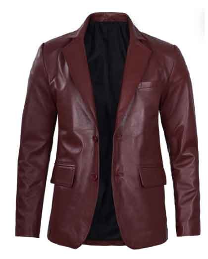 1-21.jpg Men's Two Button Maroon Leather Blazer - Image 1