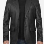 Men's Two Button Stylish Real Lambskin Black Leather Blazer