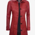 Women's Stylish Real Lambskin Red Leather Car Winter 3/4 Length Coat