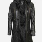 Black Hooded Leather 3 4 Length Coat Womens