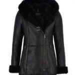 Ladies Sheepskin Shearling B3 Flying Black Genuine Fur Hoodie Jacket