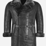 Men’s Shearling Pea Coat Winter Sheepskin Fur Double Breasted Long Jacket