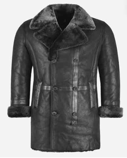 1-32.jpg Men’s Shearling Pea Coat Winter Sheepskin Fur Double Breasted Long Jacket - Image 1