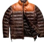 Puffer Two-Tone Lambskin Brown Leather Distressed Quilted Jacket