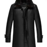 Men's 3/4 length Premium Black Leather Coat with Shearling Collar