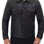 Men's Stylish Fit Real Lambskin Black Leather Trucker Jacket