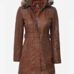Women Brown Leather Coat With Fur Trim Removable Hood