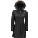 Jean Womens Black Leather Coat - Removable Fur Hood
