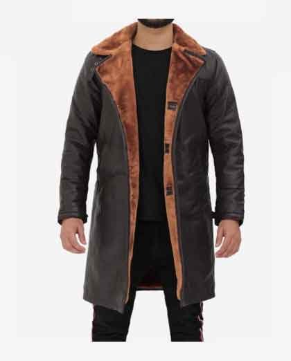 1-51.jpg Men's Dark Brown Leather Winter 3/4 Length Shearling Coat - Image 1