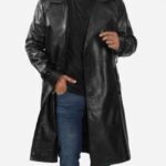 Augusta Double Breasted Black Lambskin Trench Leather Overcoat Mens