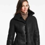 Maura Black Leather Long Shearling Coat for Women