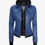 Womens Biker Real Lambskin Blue Bomber Removable Hood Leather Jacket
