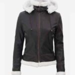 Mary B3 Hooded Bomber Brown Shearling Leather Jacket Womens
