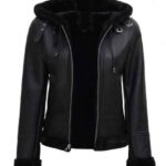 Grace Womens Black Leather Aviator Jacket With Hood