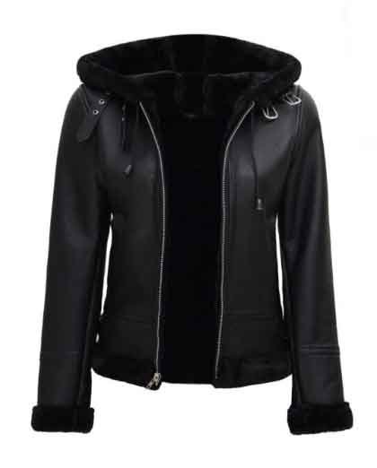 1-61.jpg Grace Womens Black Leather Aviator Jacket With Hood - Image 1