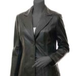 Womens Wide Lapel Two Button Black Leather Blazer Coat