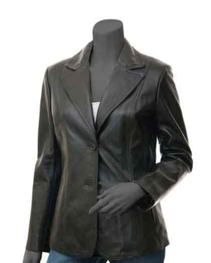1-66.jpg Womens Wide Lapel Two Button Black Leather Blazer Coat - Image 1