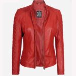 Andria Ladies Red Leather Quilted Biker Jacket