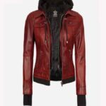 The Céleste Womens Maroon Bomber Jacket With Removable Hood