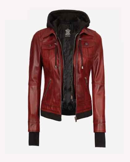 1-68.jpg The Céleste Womens Maroon Bomber Jacket With Removable Hood - Image 1