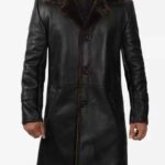 Men's Shearling Lined Black Leather 3/4 Length Trench Coat