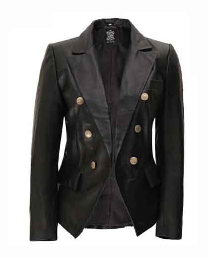 1-70.jpg Kim Double Breasted Black Leather Blazer Women - Image 1