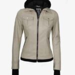 Womens Biker Real Lambskin Beige Bomber Removable Hood Leather Jacket