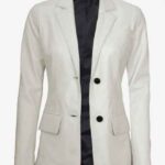 Womens Two Button Off-White Leather Blazer